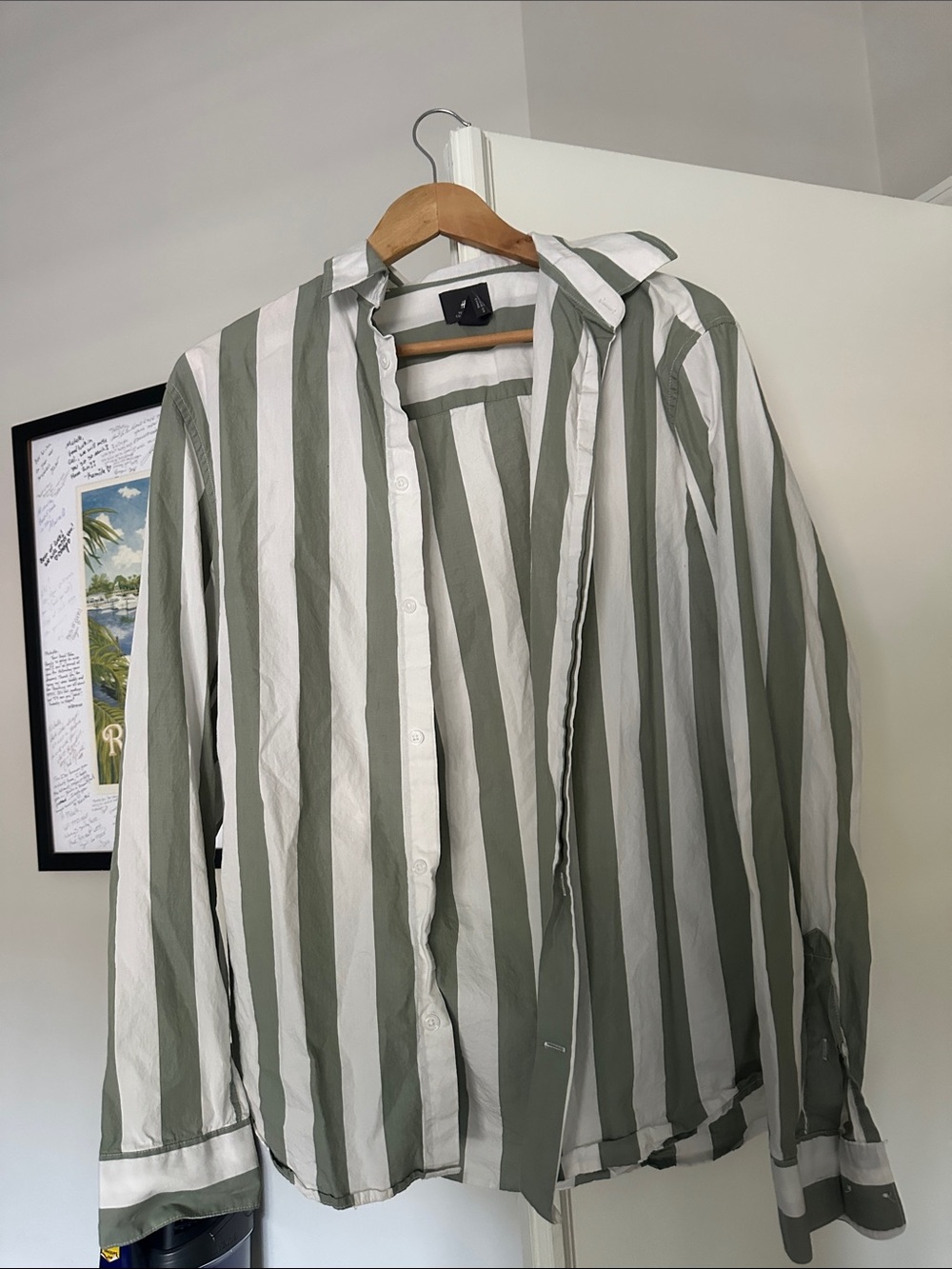 H&M Olive & White Vertical Stripe Lightweight Shirt Jacket